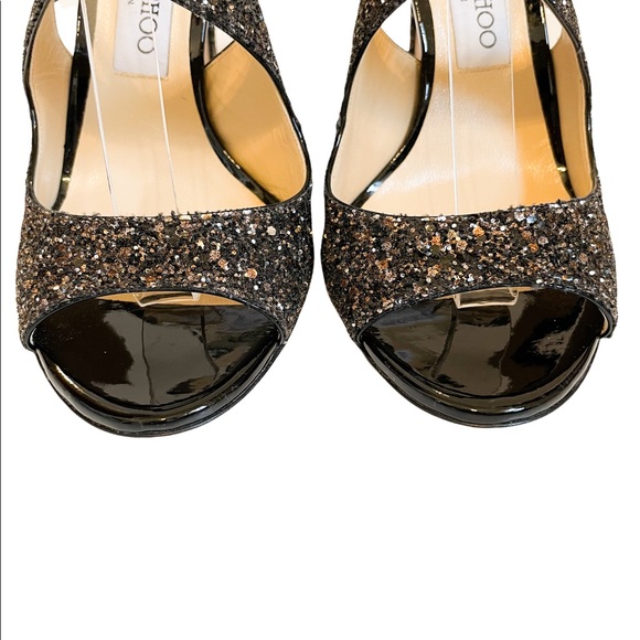 Jimmy Choo Emily 100 Bronze Mix Midnight Coarse Glitter Fabric Sandal EU 37.5 - Picture 5 of 11